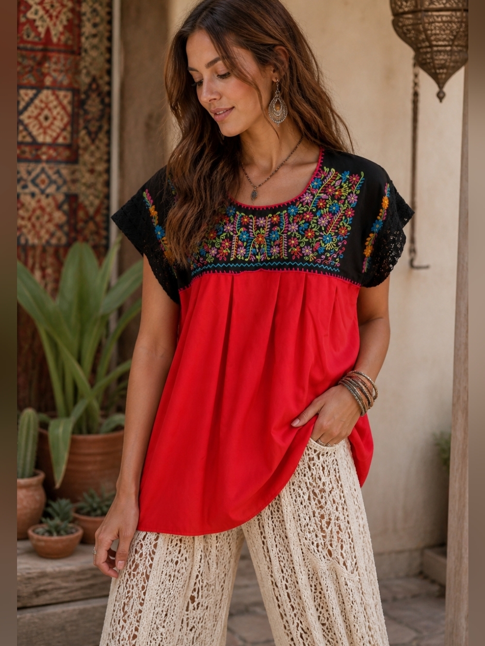 Boho Cotton Hand-Embroidered Red & Black Women's Peasant Top Mexico